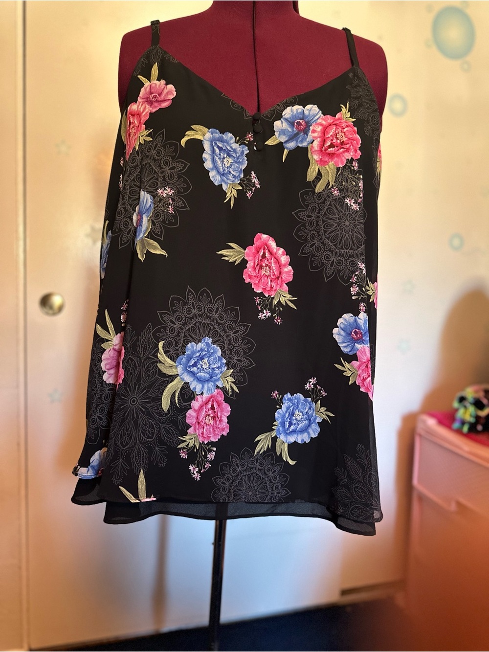 Torrid Sophie Black Floral Mandala Chiffon Layered Cami with Pink & Blue Blooms